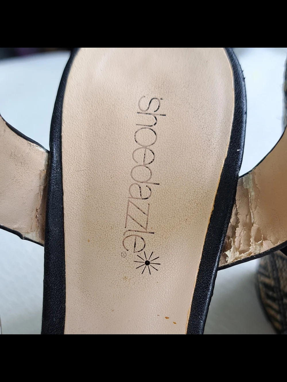Shoe Dazzle Black Strappy Wedge Sandals with Patterned Platform